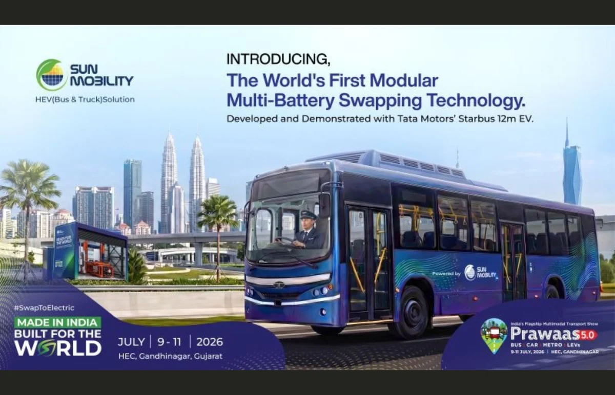 SUN Mobility introduced a modular multi-battery swapping solution for the Tata Starbus EV at the Prawaas 5.0 event. Featured Image
